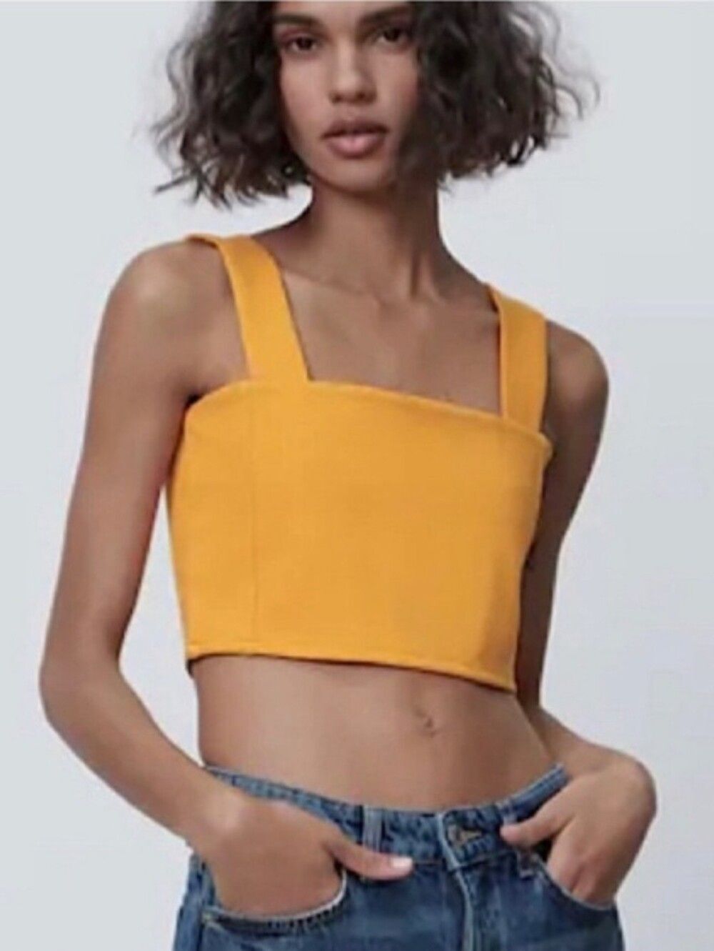 Zara Mustard Yellow Square Neck Crop Top Thick Strap Tank Size S